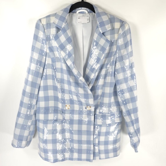 NWOT ASOS DESIGN SET SEQUIN DOULBE BREASTED Suit Blazer Blue Plaid Shorts Size 2 - Picture 5 of 16